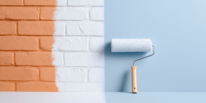 an empty wall being painted in light blue, with a paint roller and paper on the side. the left half is orange brick, the right part white walls