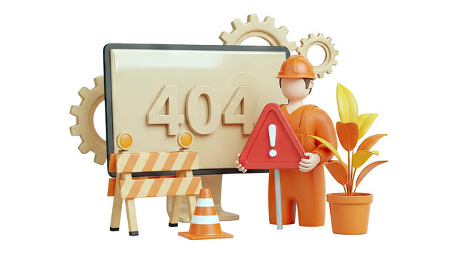 3D 404 Error Page Illustration with Worker and Warning Sign