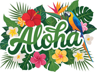 Vector illustration of tropical aloha lettering surrounded by exotic flowers like hibiscus and plumeria palm leaves and a colorful blue and yellow macaw parrot © Champa