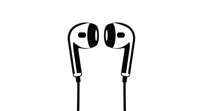 Black and white illustration of wireless earbuds against a white background