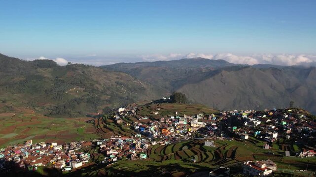 Aerial view of Kodaikanal Mountain landscape hills valley cloudy misty fog rainforest, Tamilnadu