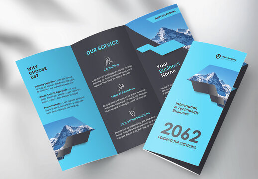Modern Corporate Business Tri-fold Brochure Template with Geometric Blue and Black Design