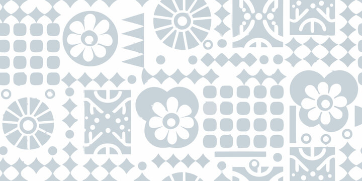 Abstract geometric pattern with floral and linear motifs in pale gray