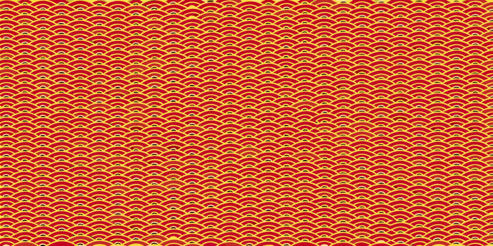 Intricate red and gold pattern of repeating cloud like shapes