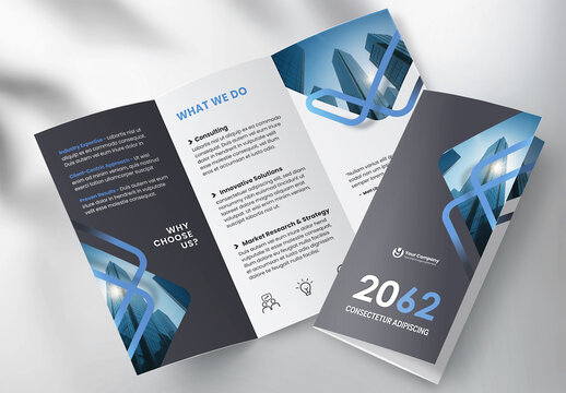 Modern Corporate Business Tri-fold Brochure Template with Geometric Blue and Black Design