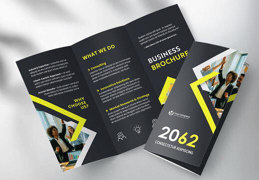 Modern Corporate Business Tri-fold Brochure Template with Geometric Yellow and Black Design