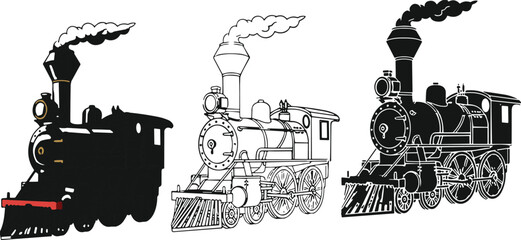 Vintage steam locomotive train set with smoke stack, classic railway engine illustrations in silhouette and line art style © Champa