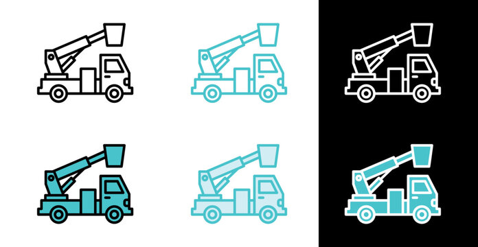 Cherry picker service truck icon for aerial work and tree trimming in line and fill style