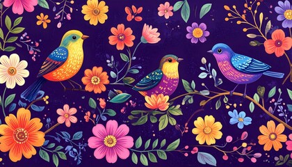 Fototapeta premium Cute vector illustration of a seamless pattern featuring cartoon birds and flowers on tree branches with hearts for a romantic spring nature decoration