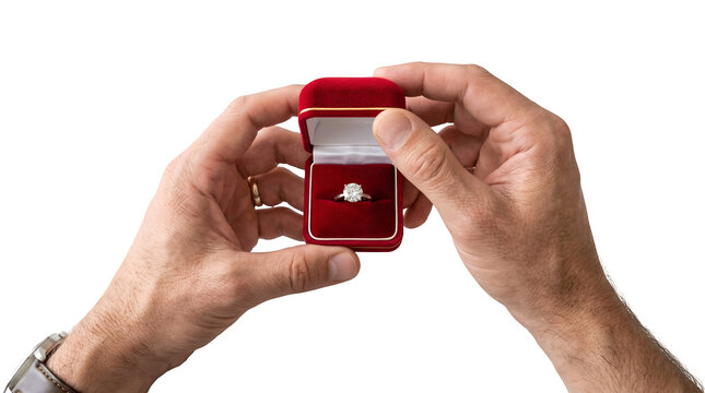 View of man proposing with red ring box on transparent background wedding concept edition 