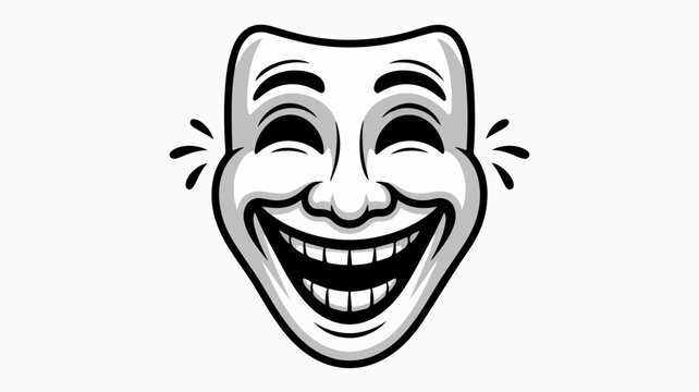 Comical theatrical mask with exaggerated smiling face and expressive eyebrows on white background conveying joy and humor in a cartoonish style
