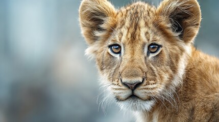 Obraz premium Lion cub with big eyes looking forward on blurred background