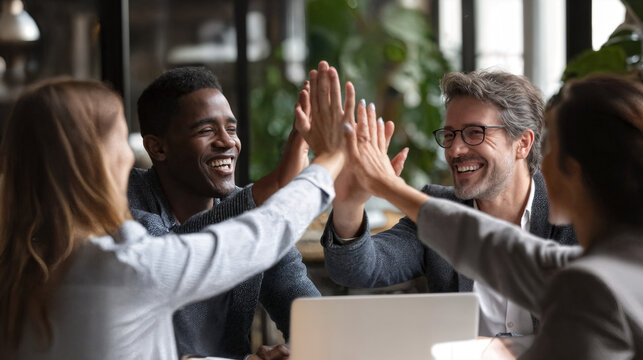 Collaboration and Celebration: A group of professionals celebrates a moment of achievement by performing a high five gesture in the office, exuding teamwork and collaborative success. 