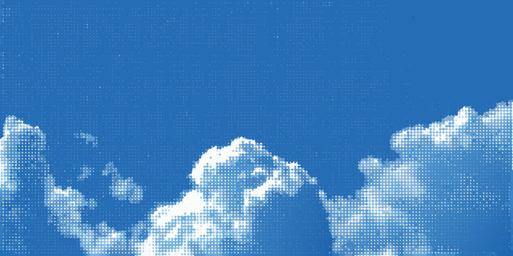 A bright blue sky dotted with fluffy white pixelated clouds