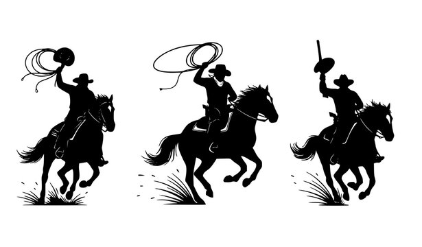 Cowboys riding horses silhouette vector with dynamic poses for western culture, rodeo, and decorative design