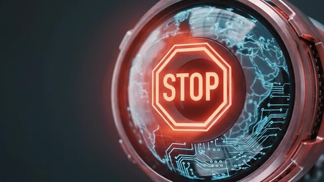 Futuristic stop sign symbol cyber security warning red digital circuit world map lens closeup tension sovereignty governance concept alert technology