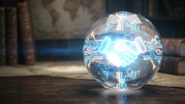 Geopolitics ai digital sovereignty governance handshake hologram glass sphere wooden desk with library books symbol of trust modern global network
