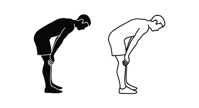 Two depictions of a man bending over one as a stark silhouette