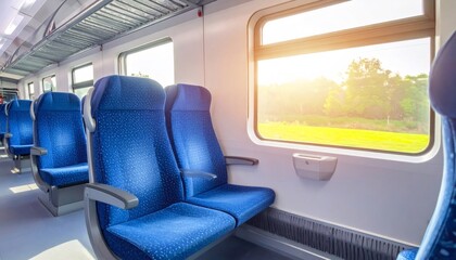 Fototapeta premium Empty train seats with sunlight entering through window