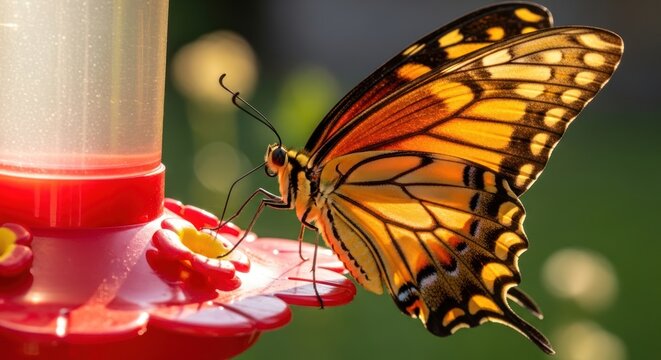 A monarch butterfly perched on a red hummingbird feeder, surrounded by a vibrant garden of flowers and lush greenery.