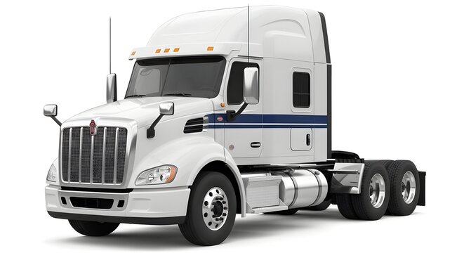 White semi truck with blue stripe and large chrome grill on transparent background