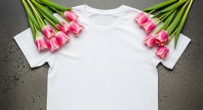 White t-shirt mockup flat lay with pink tulip flowers on dark gray background stylish spring apparel template for graphic design