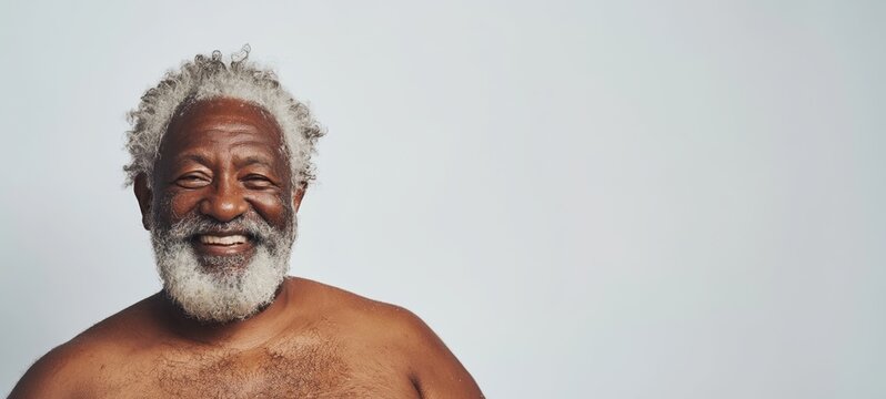 Old Man with White Beard, Shirtless, Smiling at the Camera
