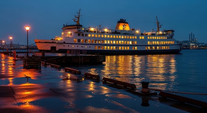 A large, white cruise ship docked at a bustling harbor, surrounded by towering buildings and a vibrant cityscape at dusk.