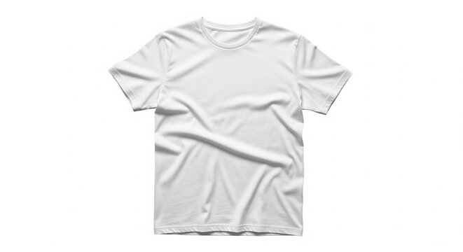 Wrinkled white cotton t-shirt mockup for product display; casual blank apparel with short sleeves for easy customization and design placement