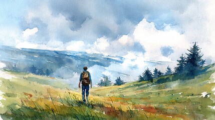 Fototapeta premium A lone hiker with a backpack walks through an open grassy field towards distant hills under a cloudy sky in a peaceful watercolor landscape.