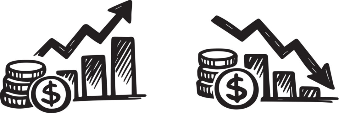 Financial growth and decline charts with coins