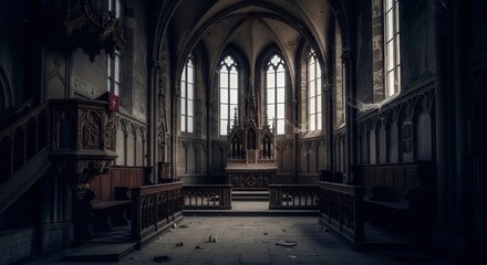 Obraz premium Abandoned Church Interior with Gothic Architecture.