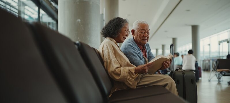 Elderly Couple Reading Newspaper at Airport Terminal