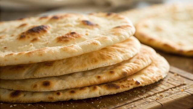 Stacked freshly baked flatbreads with golden-brown spots resting on a wooden surface, showcasing texture and warmth in a close-up view.