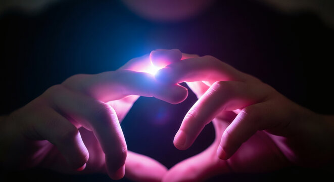 Glowing magical light between human hands in the dark, conceptual mystery and mystical energy