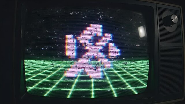 Vintage television displays a glowing green grid, evoking a retro digital aesthetic