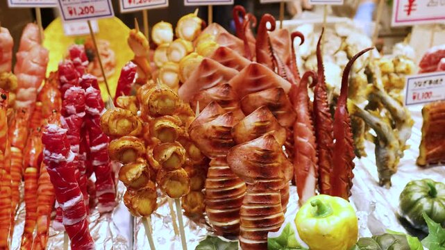 Grilled Seafood Skewers and King Crab Legs at Osaka Street Market