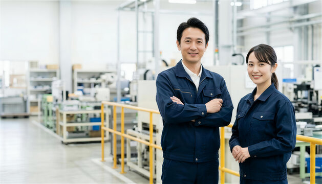工場内で腕組みをして笑顔で並ぶ男女の作業員