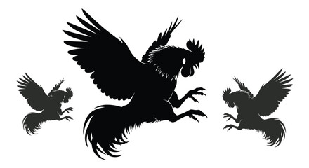 Three black rooster figures in dynamic poses a striking silhouette © MdGolam