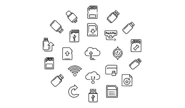  collection of various data storage and transfer icons in a circular pattern
