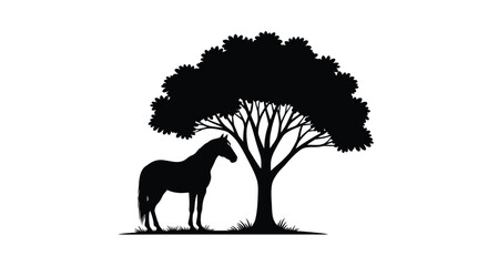 A horse stands beneath a large tree depicted in black silhouette © MdGolam