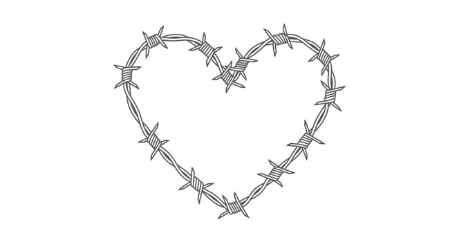 Barbed wire formed into a heart shape striking black outline silhouette