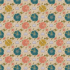 Obraz premium Seamless Tropical Hibiscus Pattern: Retro Hand-Drawn Teal and Salmon Floral Motifs with Vines on a Sandy Beige Background