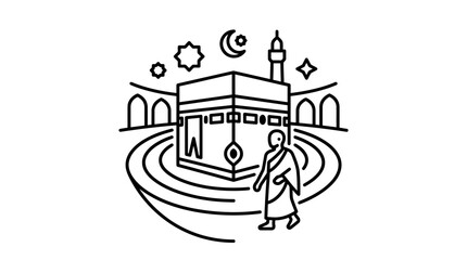 Fototapeta premium Minimalistic Line Art of Kaaba and Pilgrim