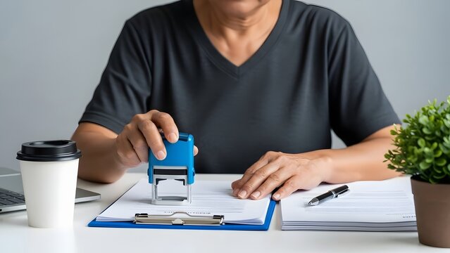 Woman using blue stamp on document while sitting at office desk