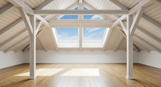 Bright empty attic room with wooden beams and skylight windows showing blue sky and clouds, natural light illuminating the floor
