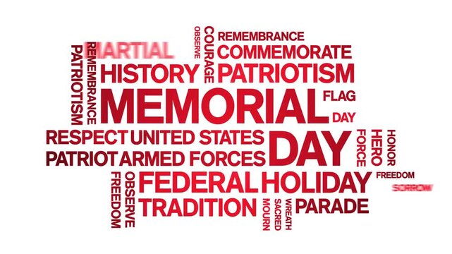 Memorial Day animated word cloud-text design animation tag kinetic typography seamless loop.