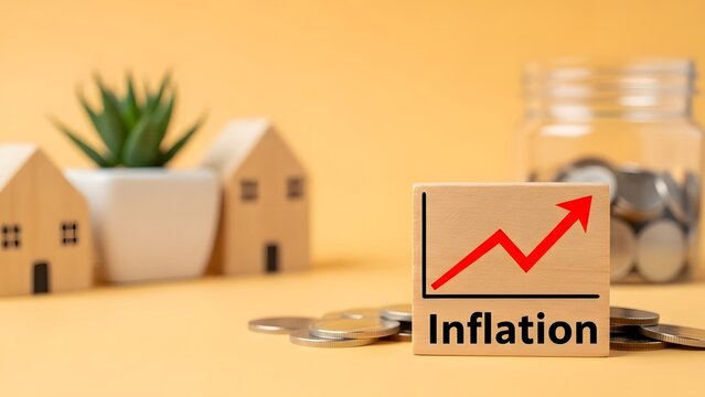 Inflation concept represented with rising graph and coins on table