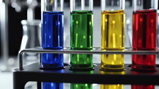 Four test tubes with colorful liquids in a laboratory rack