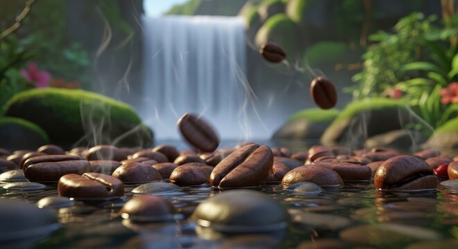 Coffee Beans Cascading into a Refreshing Stream.